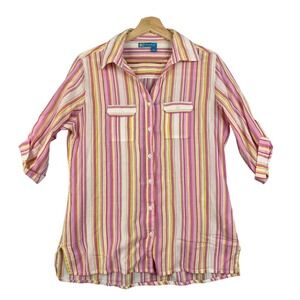 Fresh Produce Multicolor striped Women Button Up Sz L Roll tab 3/4 sleeve V-neck